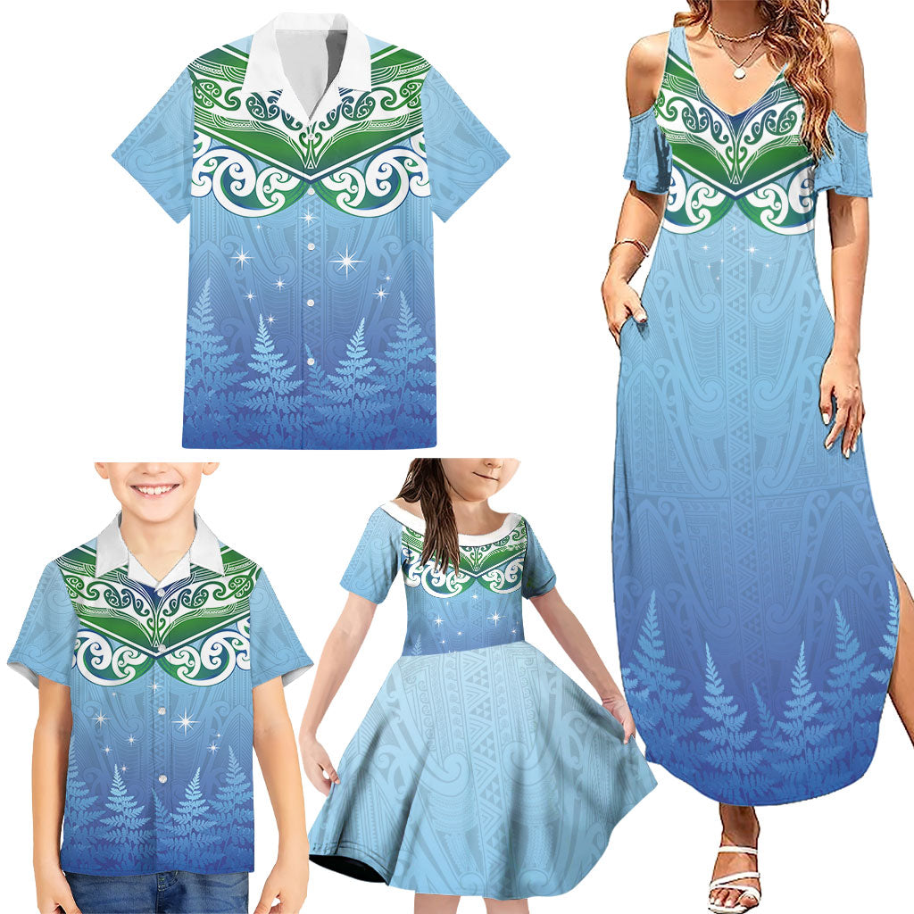 Aotearoa New Zealand New Year Family Matching Summer Maxi Dress and Hawaiian Shirt Maori Motifs with Silver Fern and Matariki Stars LT03 - Polynesian Pride