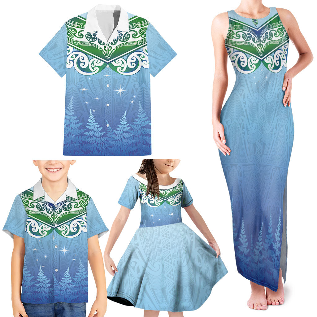 Aotearoa New Zealand New Year Family Matching Tank Maxi Dress and Hawaiian Shirt Maori Motifs with Silver Fern and Matariki Stars