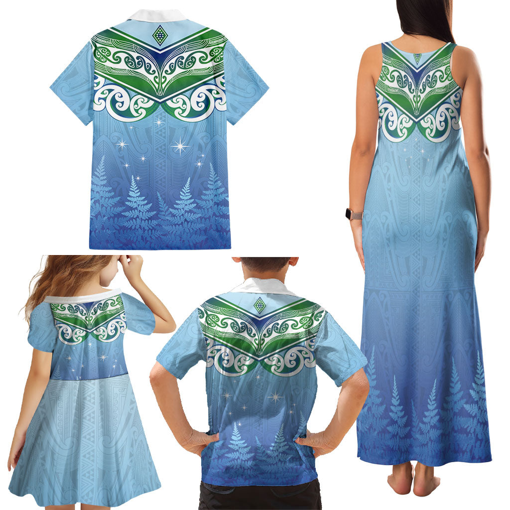 Aotearoa New Zealand New Year Family Matching Tank Maxi Dress and Hawaiian Shirt Maori Motifs with Silver Fern and Matariki Stars