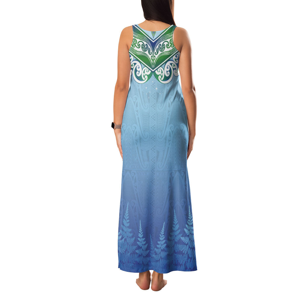 Aotearoa New Zealand New Year Family Matching Tank Maxi Dress and Hawaiian Shirt Maori Motifs with Silver Fern and Matariki Stars