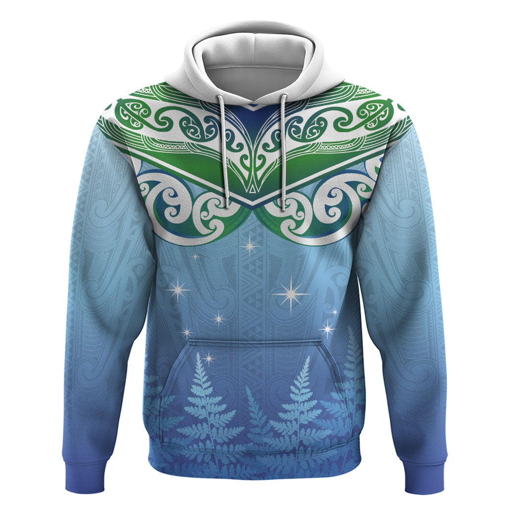 Aotearoa New Zealand New Year Hoodie Maori Motifs with Silver Fern and Matariki Stars