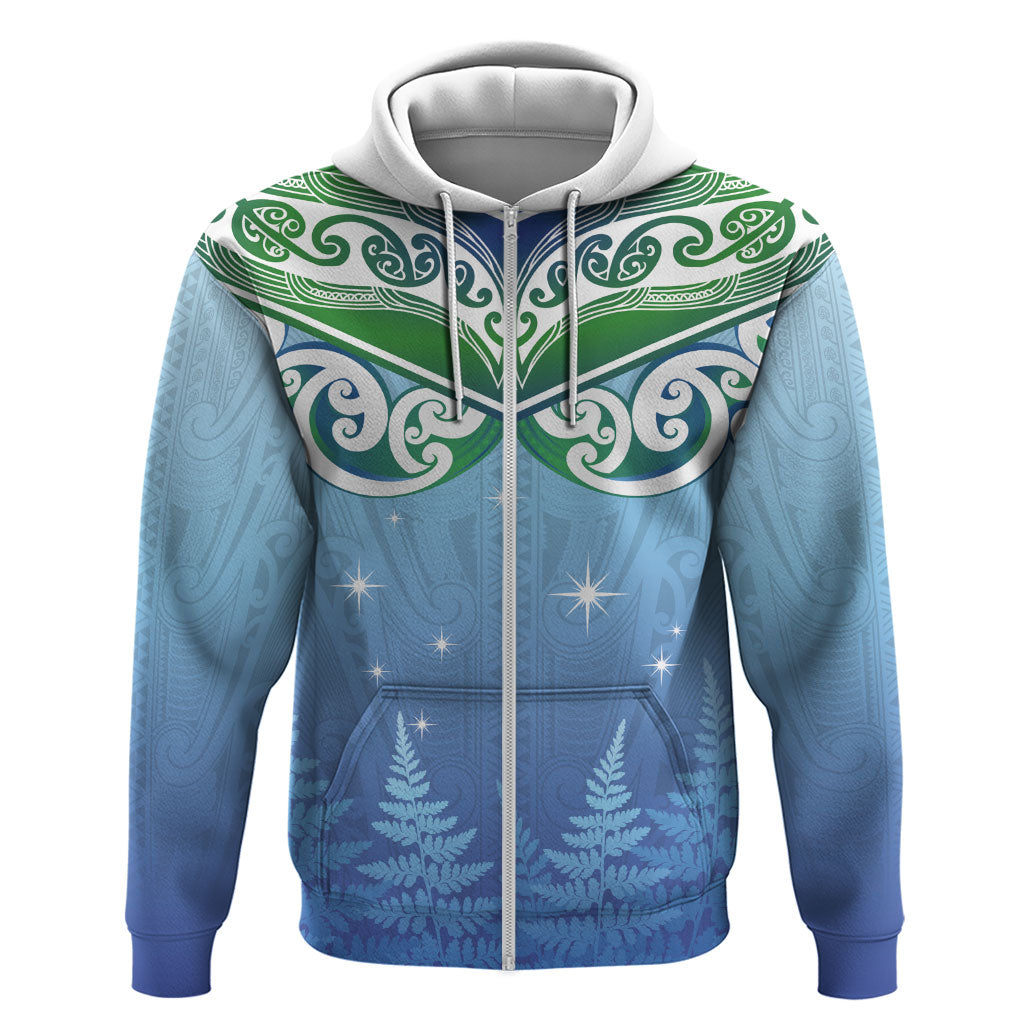 Aotearoa New Zealand New Year Hoodie Maori Motifs with Silver Fern and Matariki Stars