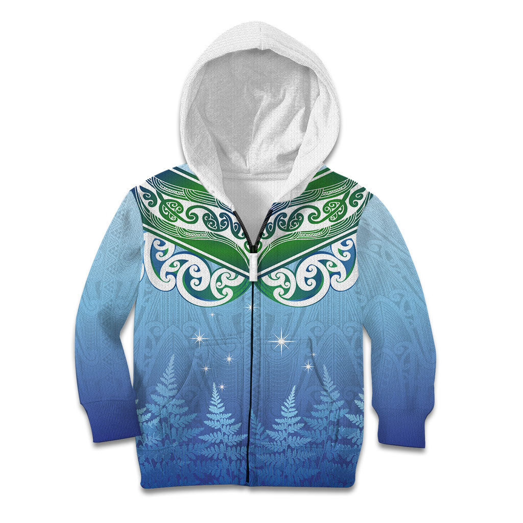 Aotearoa New Zealand New Year Kid Hoodie Maori Motifs with Silver Fern and Matariki Stars