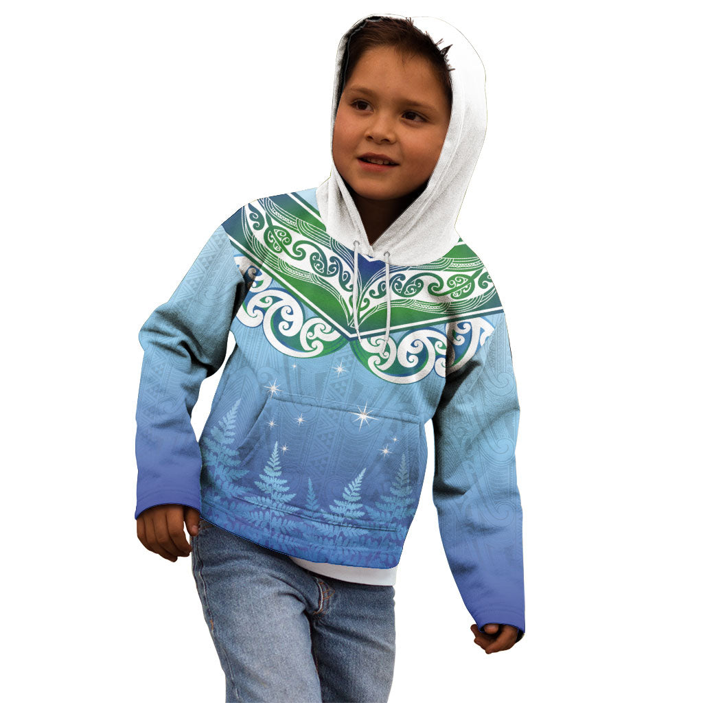 Aotearoa New Zealand New Year Kid Hoodie Maori Motifs with Silver Fern and Matariki Stars