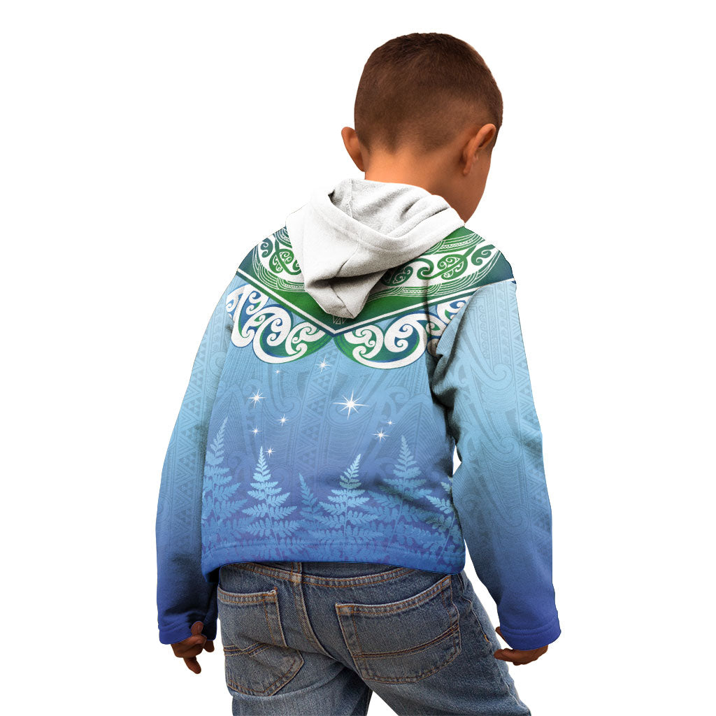 Aotearoa New Zealand New Year Kid Hoodie Maori Motifs with Silver Fern and Matariki Stars