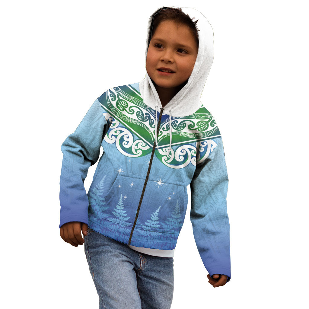 Aotearoa New Zealand New Year Kid Hoodie Maori Motifs with Silver Fern and Matariki Stars