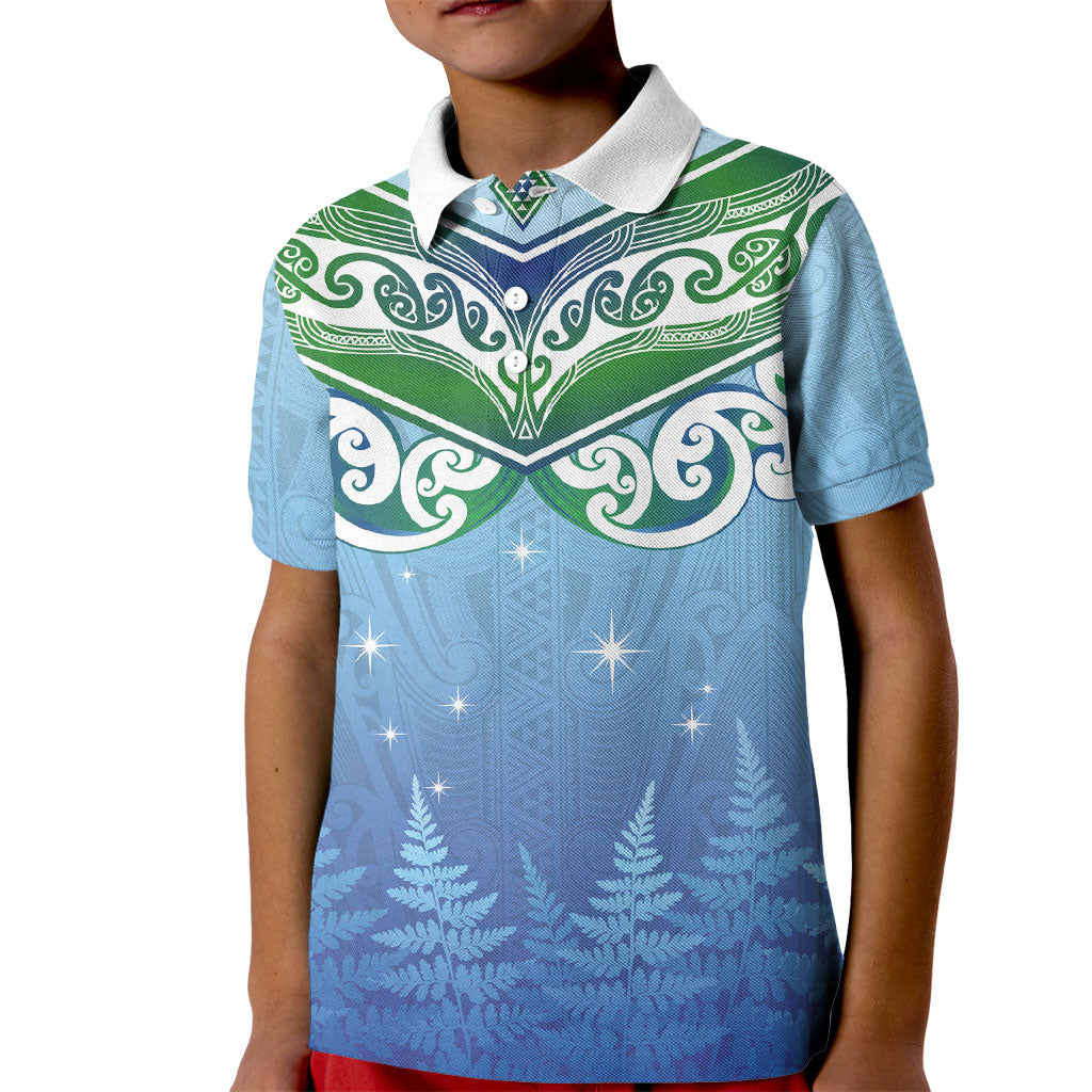 Aotearoa New Zealand New Year Kid Polo Shirt Maori Motifs with Silver Fern and Matariki Stars LT03 Kid Multicolor - Polynesian Pride