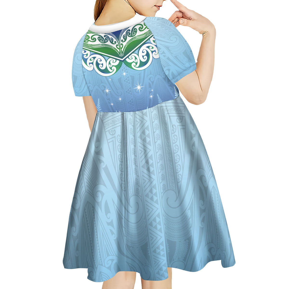 Aotearoa New Zealand New Year Kid Short Sleeve Dress Maori Motifs with Silver Fern and Matariki Stars