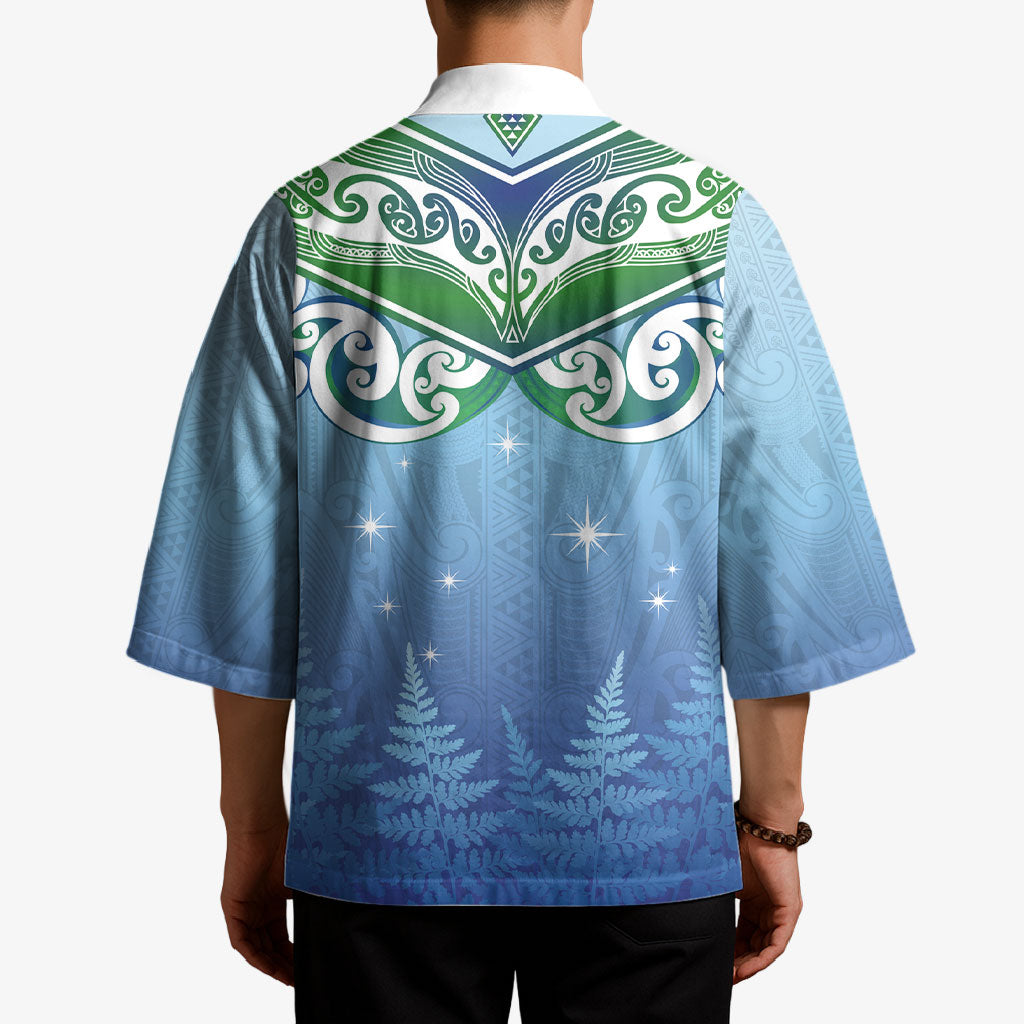 Aotearoa New Zealand New Year Kimono Maori Motifs with Silver Fern and Matariki Stars