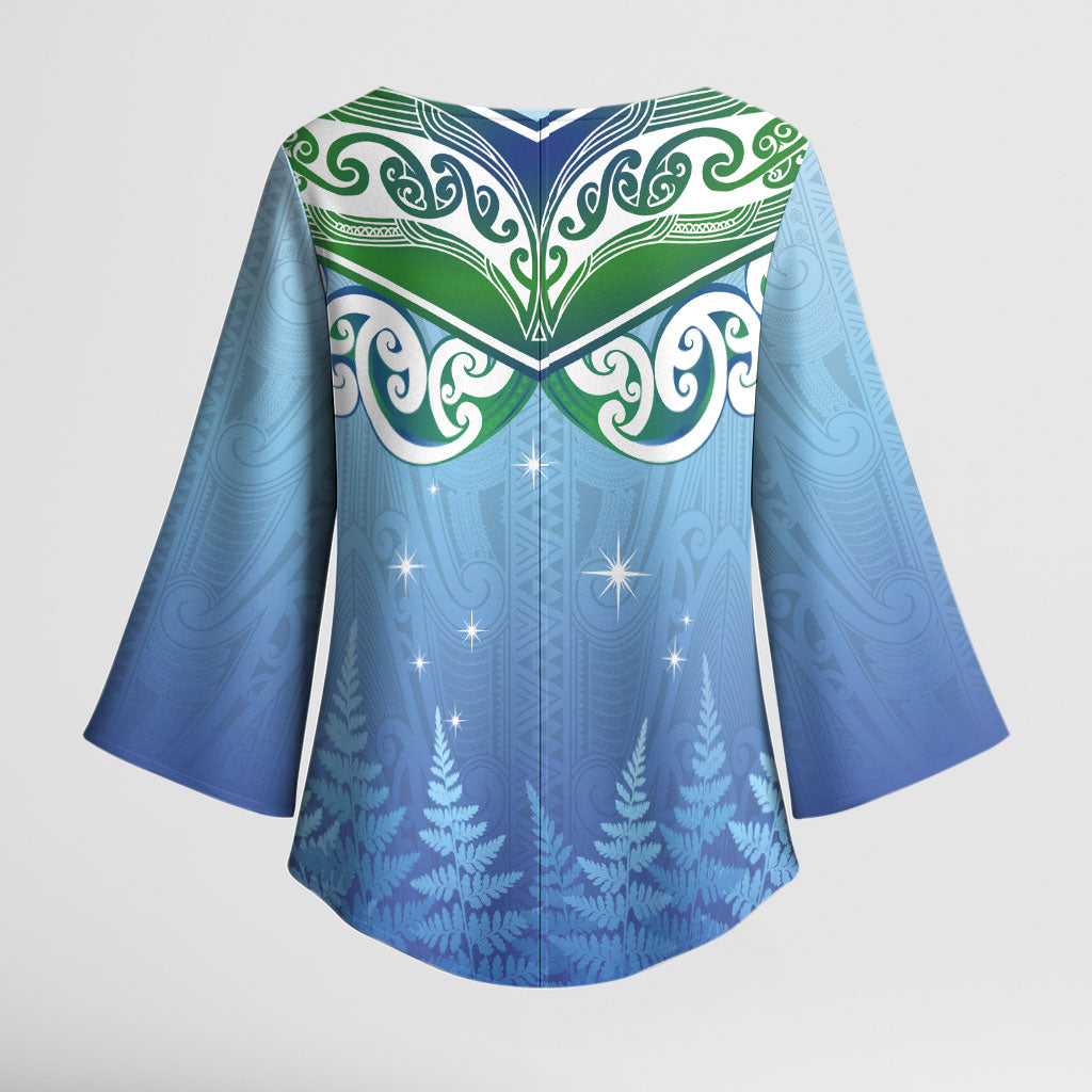Aotearoa New Zealand New Year Kimono Sleeve Blouse Maori Motifs with Silver Fern and Matariki Stars