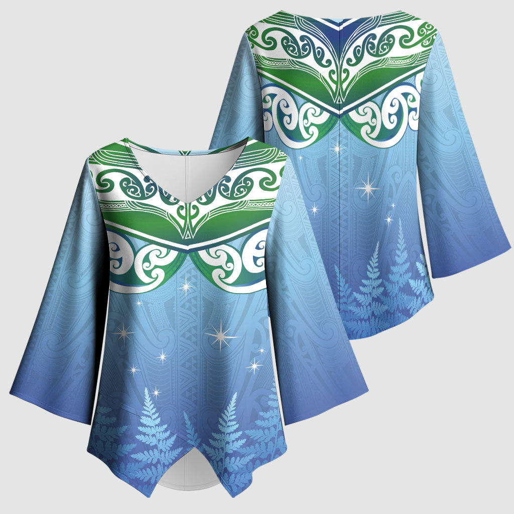 Aotearoa New Zealand New Year Kimono Sleeve Blouse Maori Motifs with Silver Fern and Matariki Stars