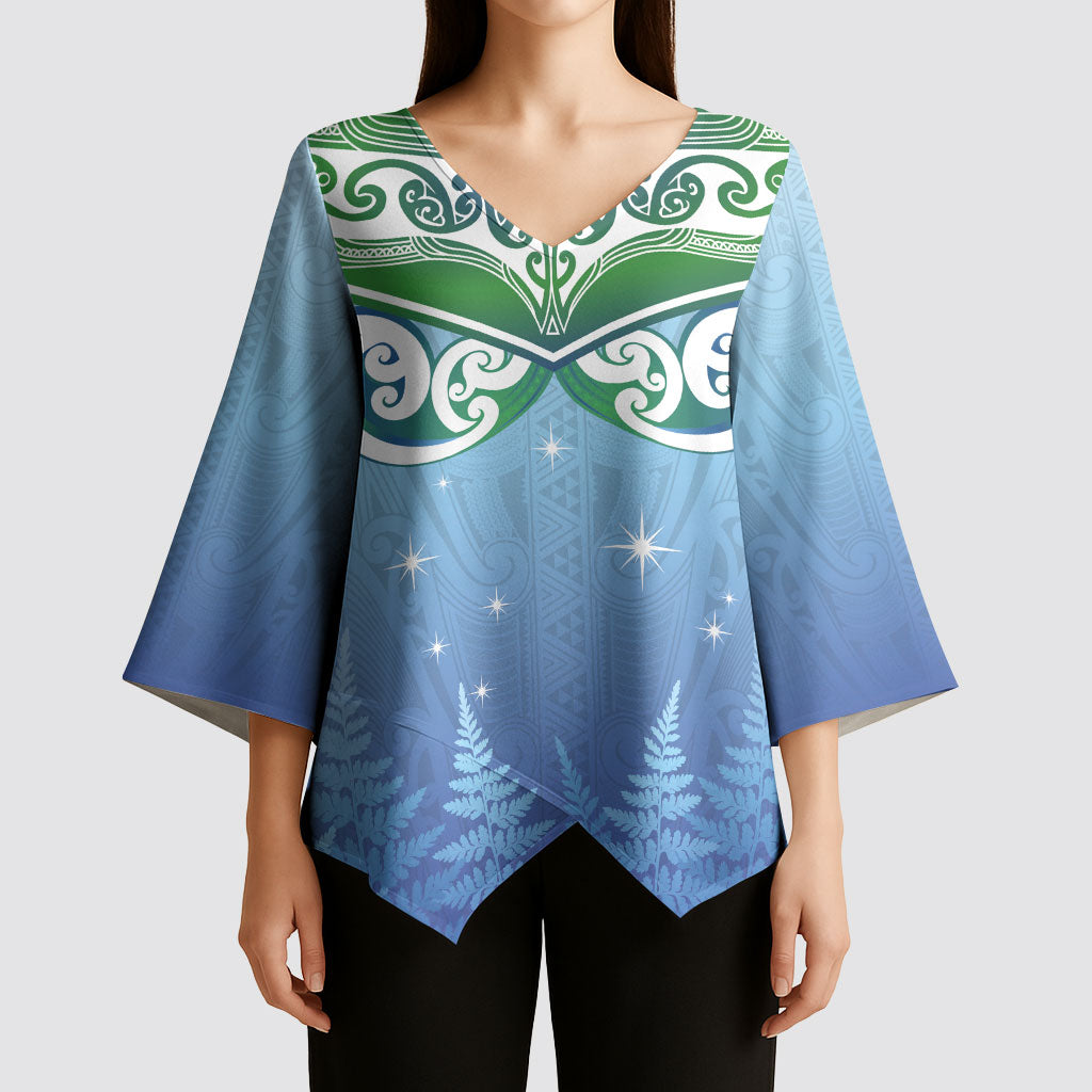 Aotearoa New Zealand New Year Kimono Sleeve Blouse Maori Motifs with Silver Fern and Matariki Stars