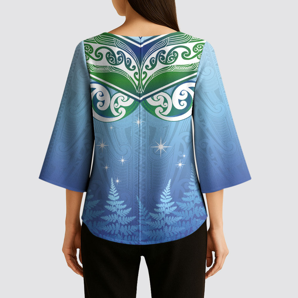 Aotearoa New Zealand New Year Kimono Sleeve Blouse Maori Motifs with Silver Fern and Matariki Stars