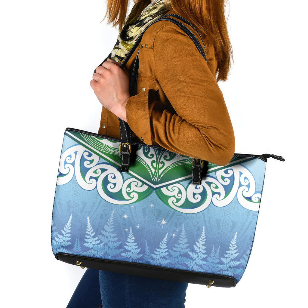 Aotearoa New Zealand New Year Leather Tote Bag Maori Motifs with Silver Fern and Matariki Stars LT03 Multicolor - Polynesian Pride