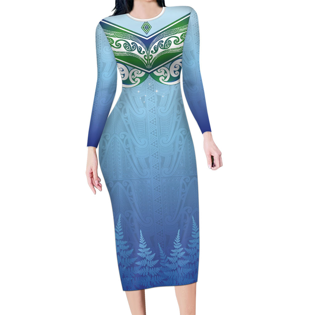 Aotearoa New Zealand New Year Long Sleeve Bodycon Dress Maori Motifs with Silver Fern and Matariki Stars LT03 Long Dress Multicolor - Polynesian Pride