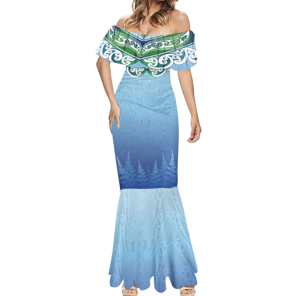 Aotearoa New Zealand New Year Mermaid Dress Maori Motifs with Silver Fern and Matariki Stars