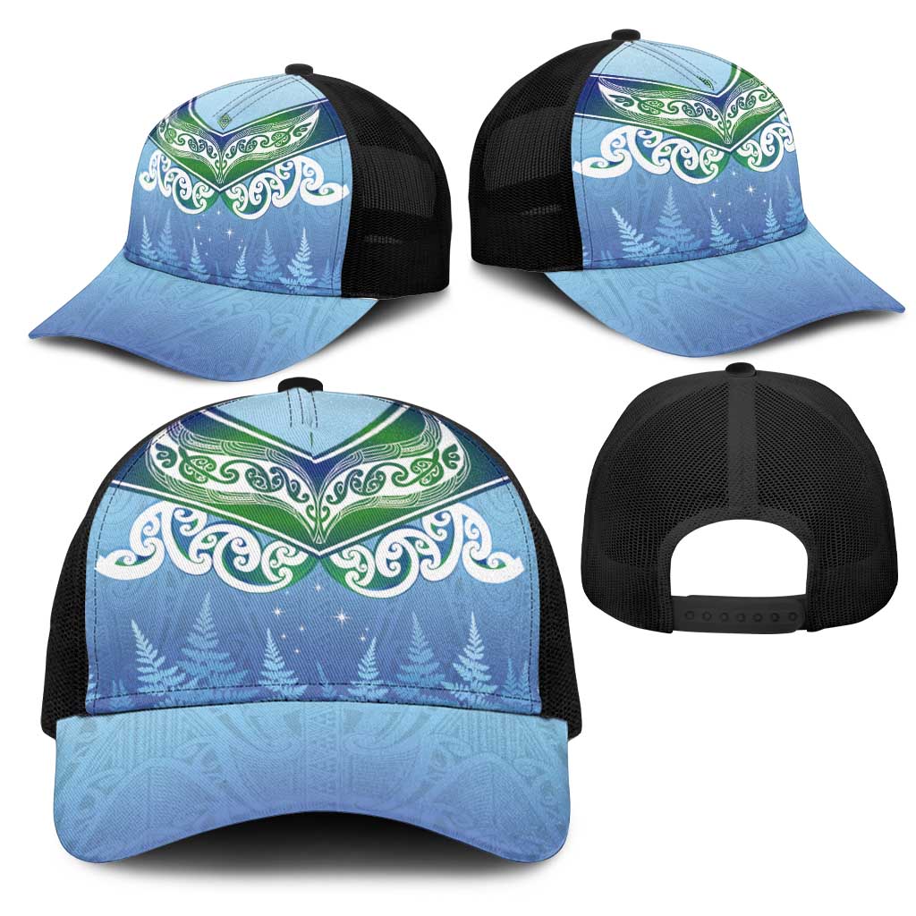 Aotearoa New Zealand New Year Mesh Trucker Cap Maori Motifs with Silver Fern and Matariki Stars