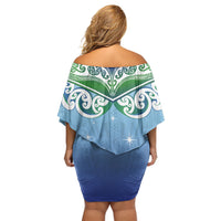 Aotearoa New Zealand New Year Off Shoulder Short Dress Maori Motifs with Silver Fern and Matariki Stars