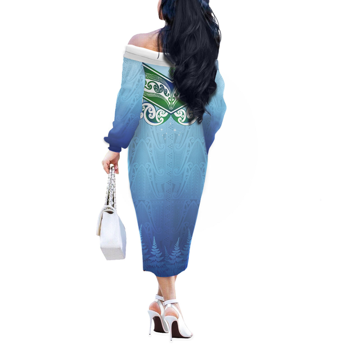 Aotearoa New Zealand New Year Off The Shoulder Long Sleeve Dress Maori Motifs with Silver Fern and Matariki Stars