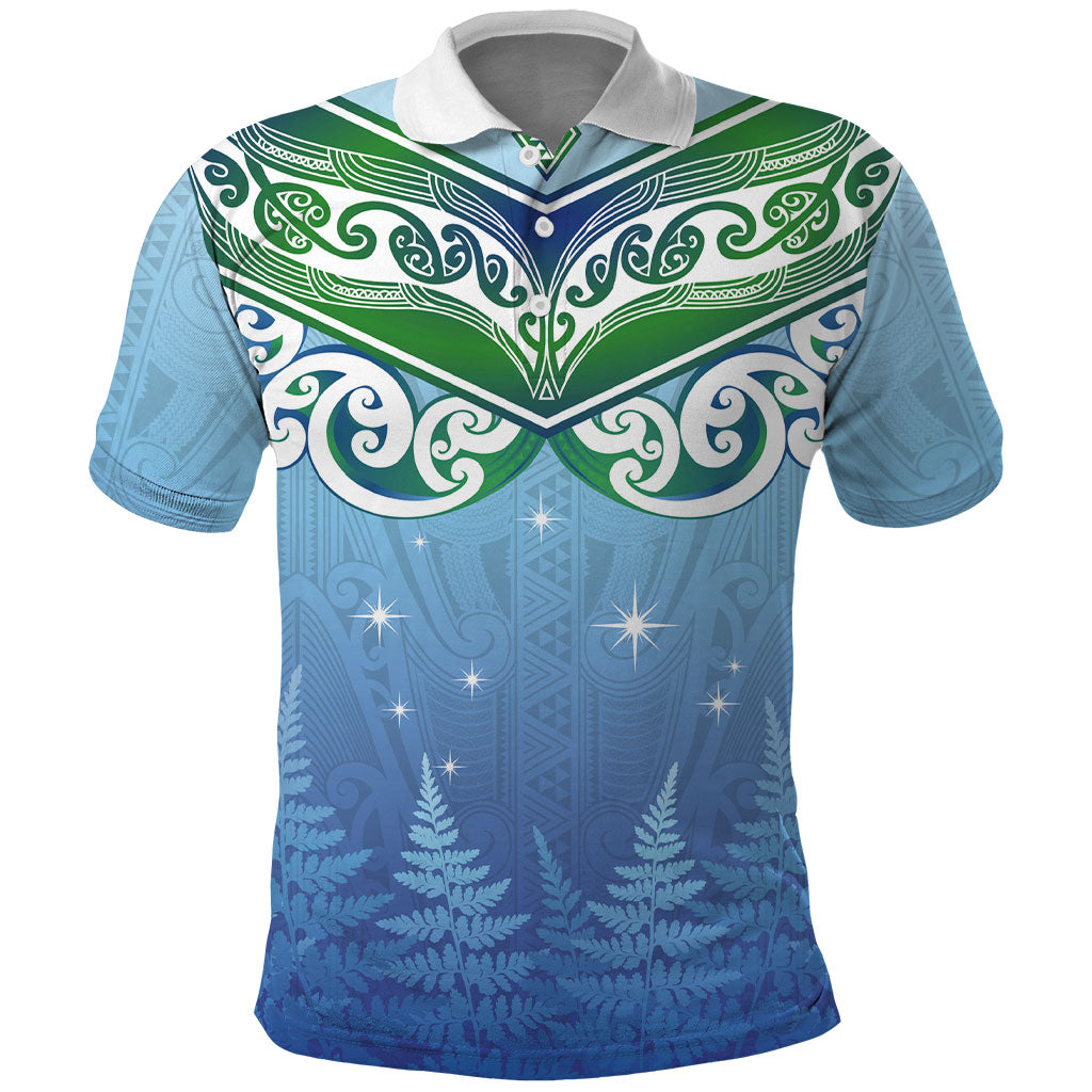 Aotearoa New Zealand New Year Polo Shirt Maori Motifs with Silver Fern and Matariki Stars