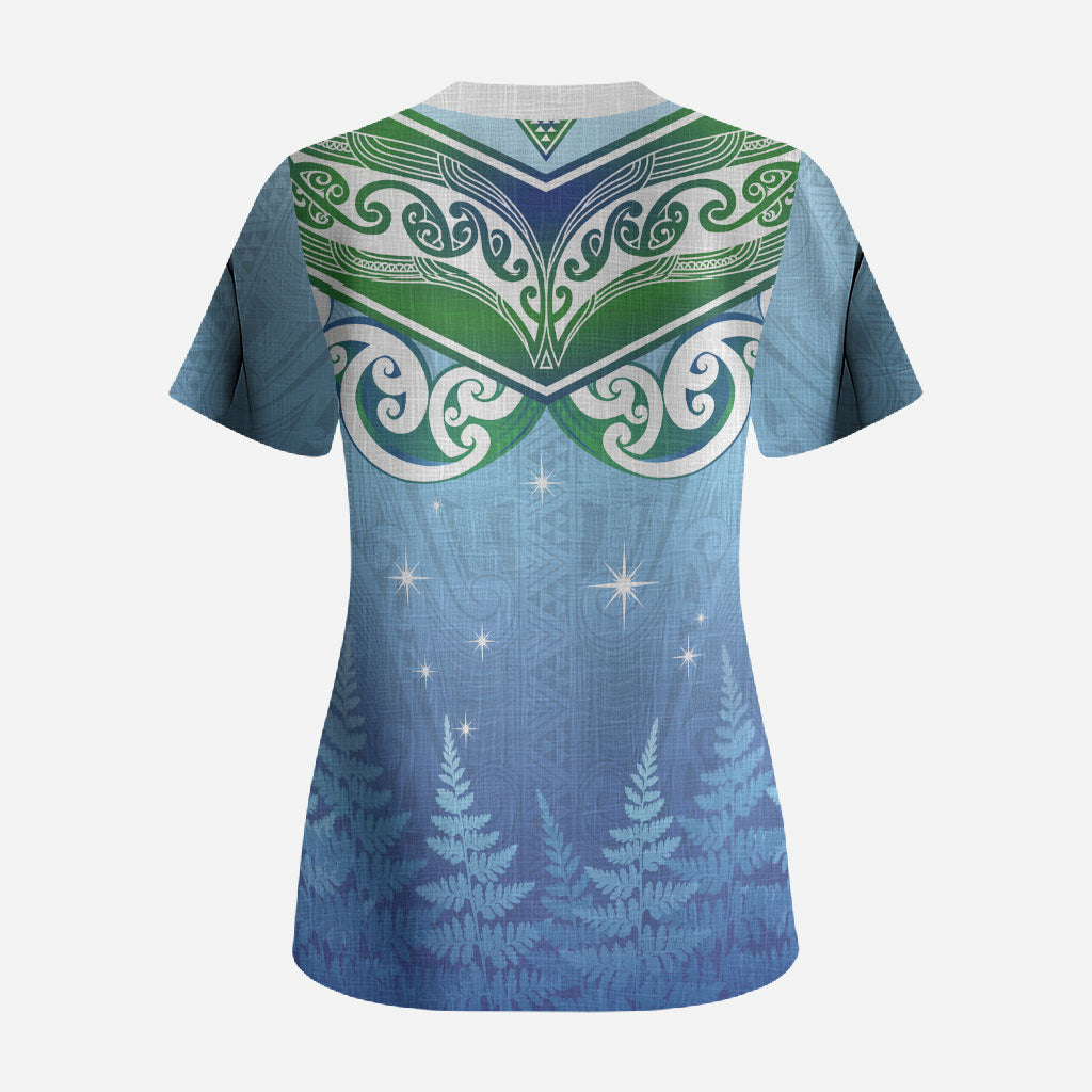 Aotearoa New Zealand New Year Scrub Top Maori Motifs with Silver Fern and Matariki Stars