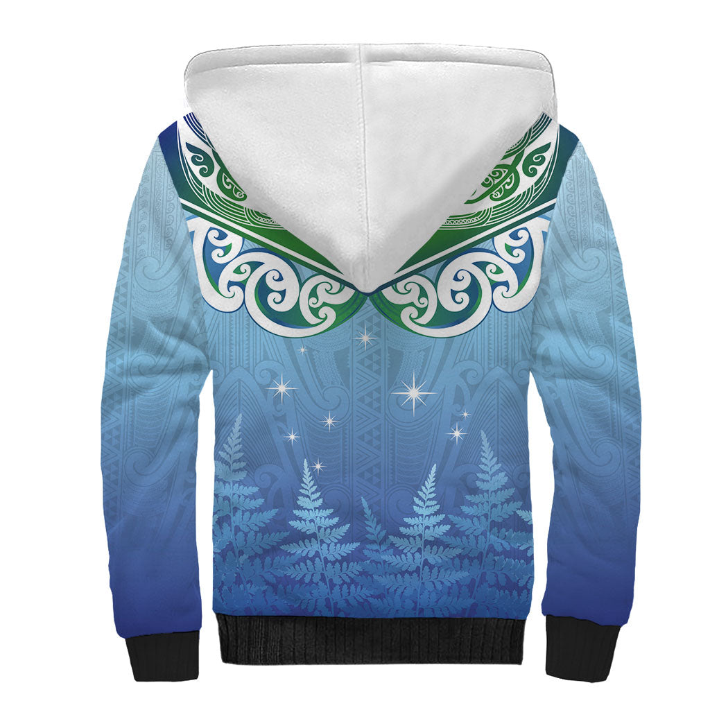 Aotearoa New Zealand New Year Sherpa Hoodie Maori Motifs with Silver Fern and Matariki Stars