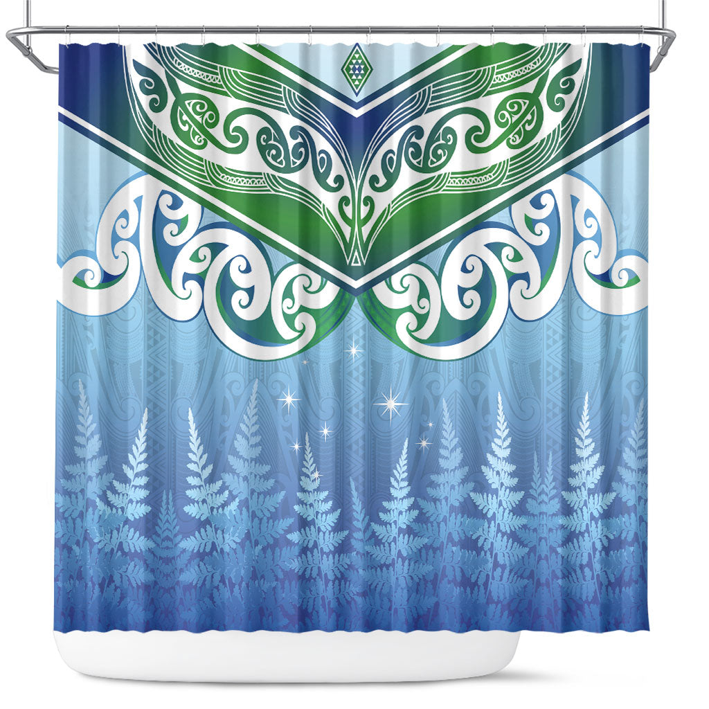 Aotearoa New Zealand New Year Shower Curtain Maori Motifs with Silver Fern and Matariki Stars LT03 Multicolor - Polynesian Pride