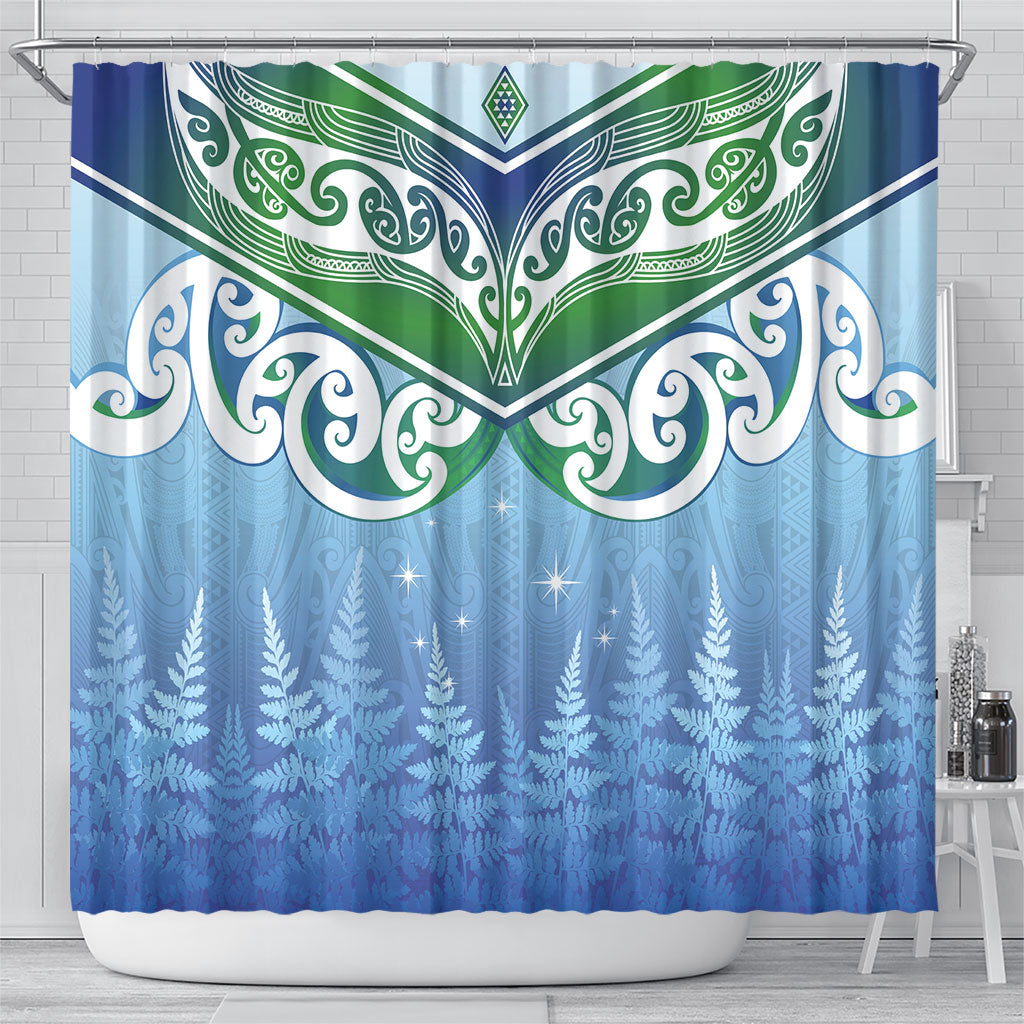 Aotearoa New Zealand New Year Shower Curtain Maori Motifs with Silver Fern and Matariki Stars