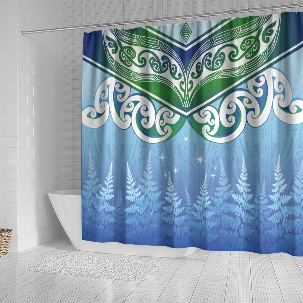Aotearoa New Zealand New Year Shower Curtain Maori Motifs with Silver Fern and Matariki Stars