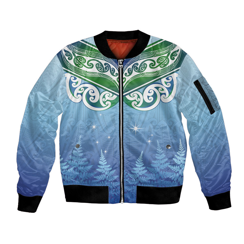 Aotearoa New Zealand New Year Sleeve Zip Bomber Jacket Maori Motifs with Silver Fern and Matariki Stars LT03 Unisex Multicolor - Polynesian Pride