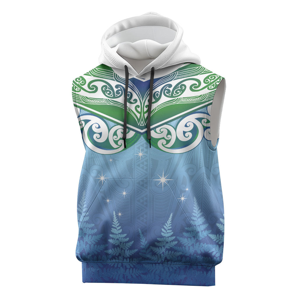 Aotearoa New Zealand New Year Sleeveless Hoodie Maori Motifs with Silver Fern and Matariki Stars