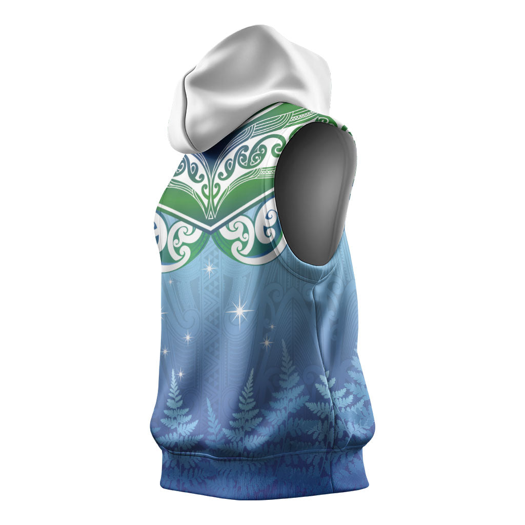 Aotearoa New Zealand New Year Sleeveless Hoodie Maori Motifs with Silver Fern and Matariki Stars