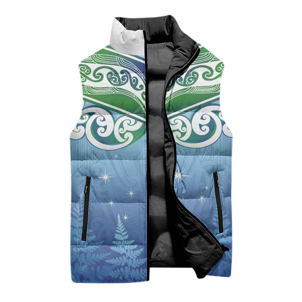 Aotearoa New Zealand New Year Sleeveless Puffer Jacket Maori Motifs with Silver Fern and Matariki Stars
