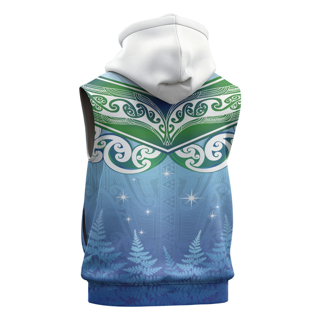 Aotearoa New Zealand New Year Sleeveless Zip Hoodie Maori Motifs with Silver Fern and Matariki Stars