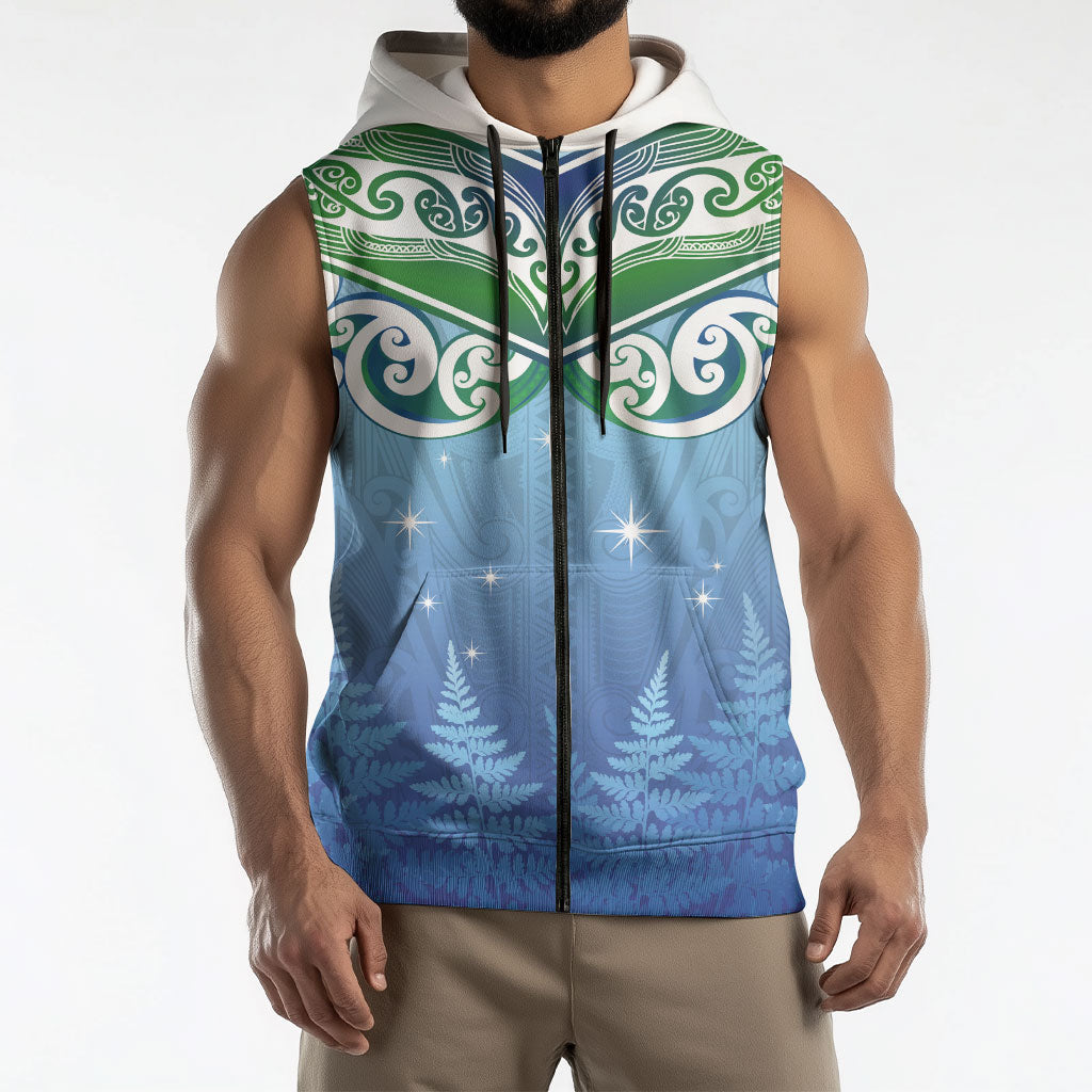 Aotearoa New Zealand New Year Sleeveless Zip Hoodie Maori Motifs with Silver Fern and Matariki Stars