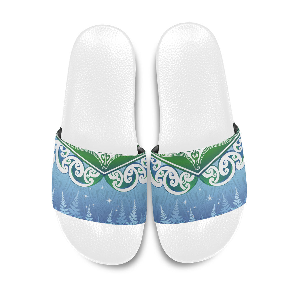 Aotearoa New Zealand New Year Slide Sandals Maori Motifs with Silver Fern and Matariki Stars
