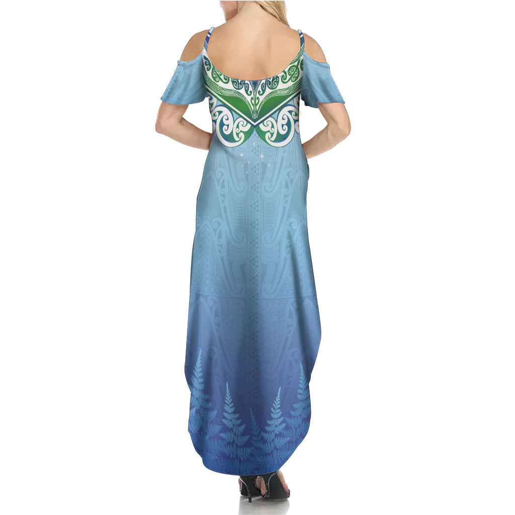 Aotearoa New Zealand New Year Summer Maxi Dress Maori Motifs with Silver Fern and Matariki Stars