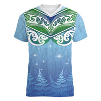 Aotearoa New Zealand New Year Women V-Neck T-Shirt Maori Motifs with Silver Fern and Matariki Stars