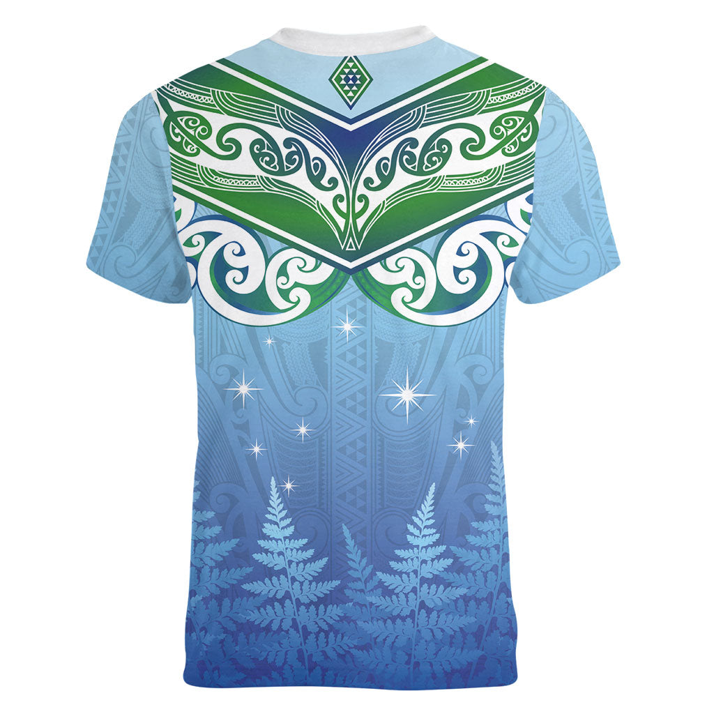 Aotearoa New Zealand New Year Women V-Neck T-Shirt Maori Motifs with Silver Fern and Matariki Stars