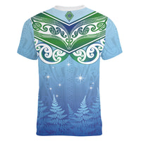 Aotearoa New Zealand New Year Women V-Neck T-Shirt Maori Motifs with Silver Fern and Matariki Stars