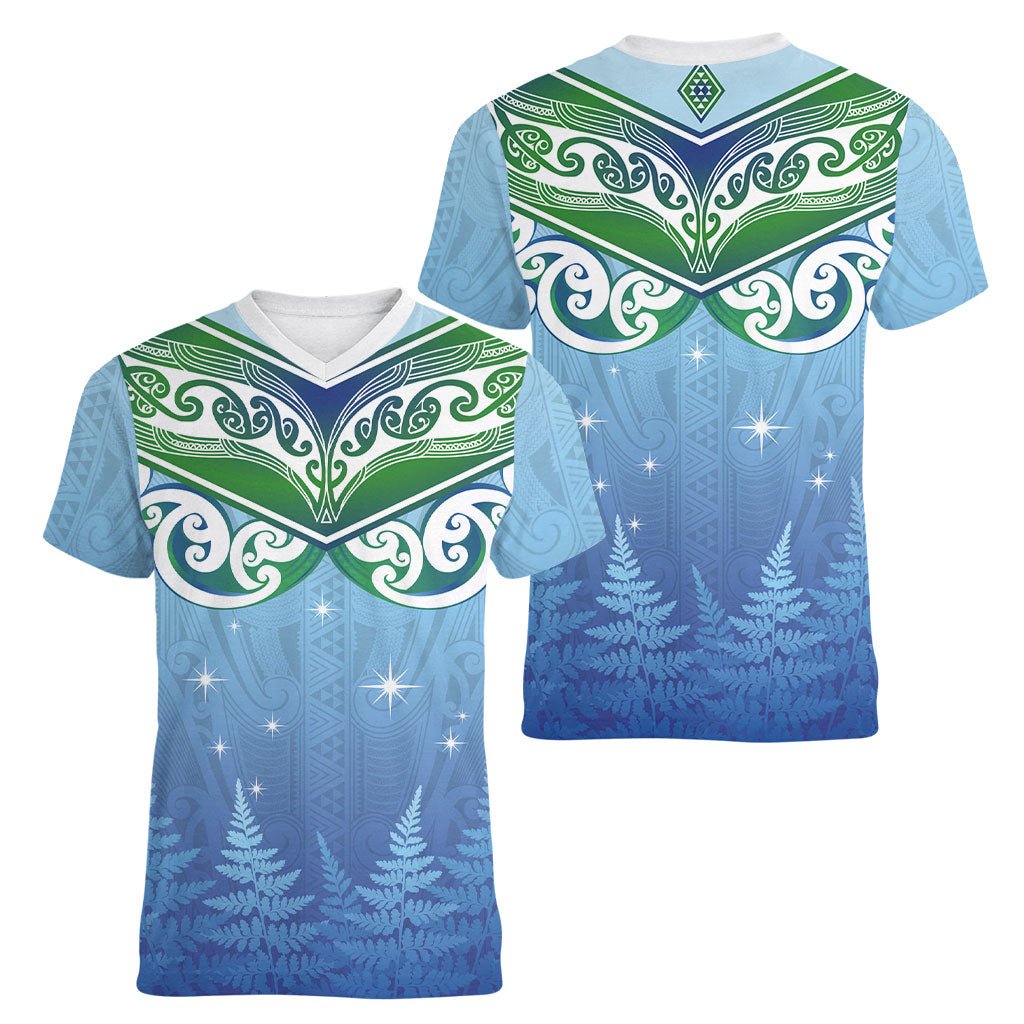 Aotearoa New Zealand New Year Women V-Neck T-Shirt Maori Motifs with Silver Fern and Matariki Stars