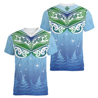 Aotearoa New Zealand New Year Women V-Neck T-Shirt Maori Motifs with Silver Fern and Matariki Stars