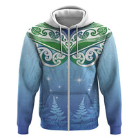 Aotearoa New Zealand New Year Zip Hoodie Maori Motifs with Silver Fern and Matariki Stars