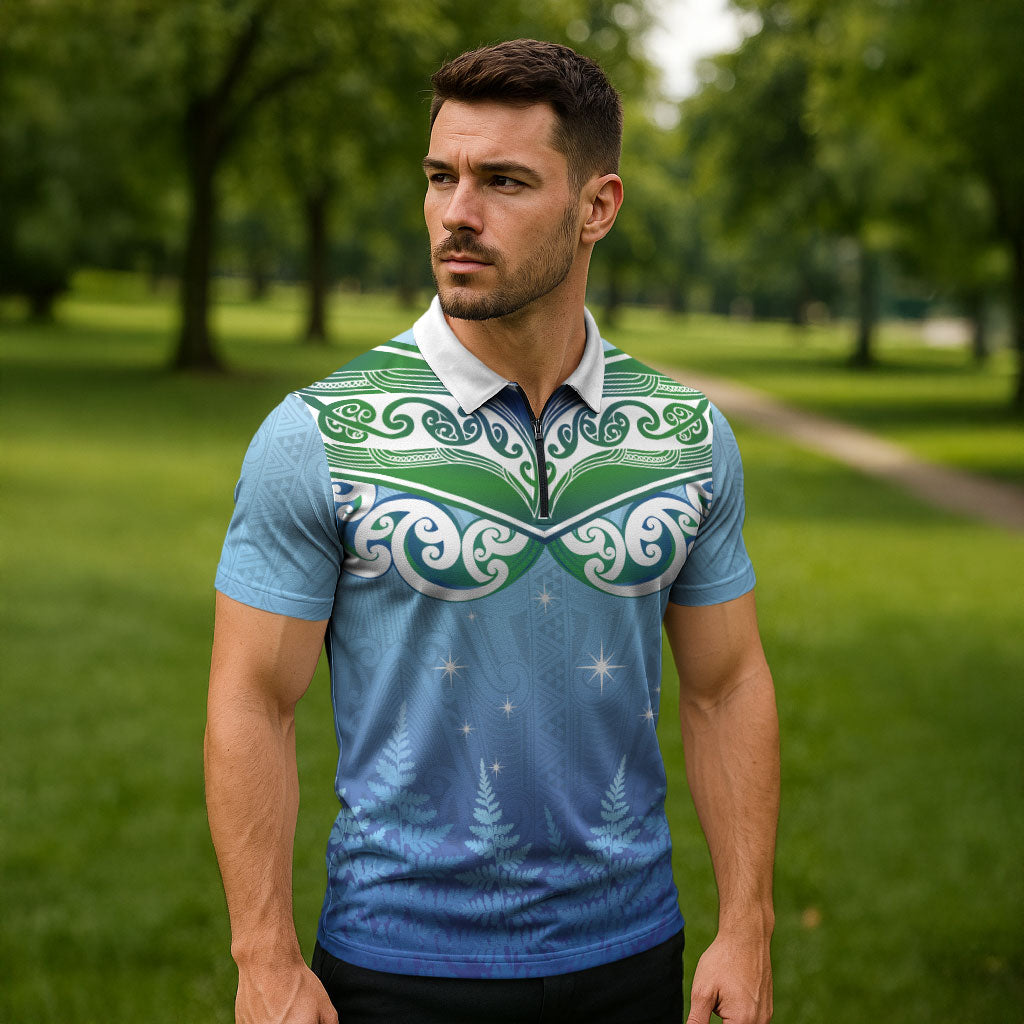 Aotearoa New Zealand New Year Zipper Polo Shirt Maori Motifs with Silver Fern and Matariki Stars