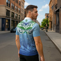 Aotearoa New Zealand New Year Zipper Polo Shirt Maori Motifs with Silver Fern and Matariki Stars