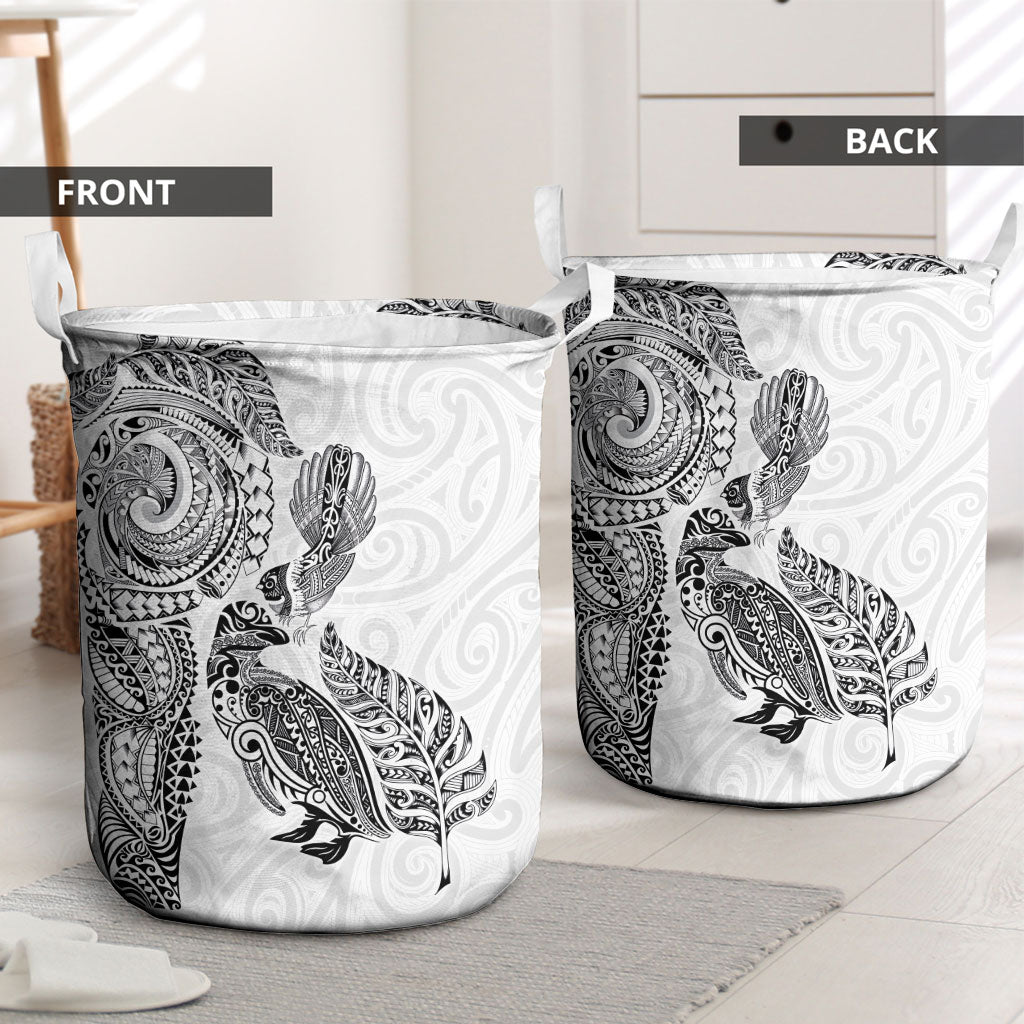 Aotearoa Moko Tribal Tattoo Laundry Basket New Zealand Maori Penguin and Fantail White Color