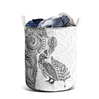 Aotearoa Moko Tribal Tattoo Laundry Basket New Zealand Maori Penguin and Fantail White Color
