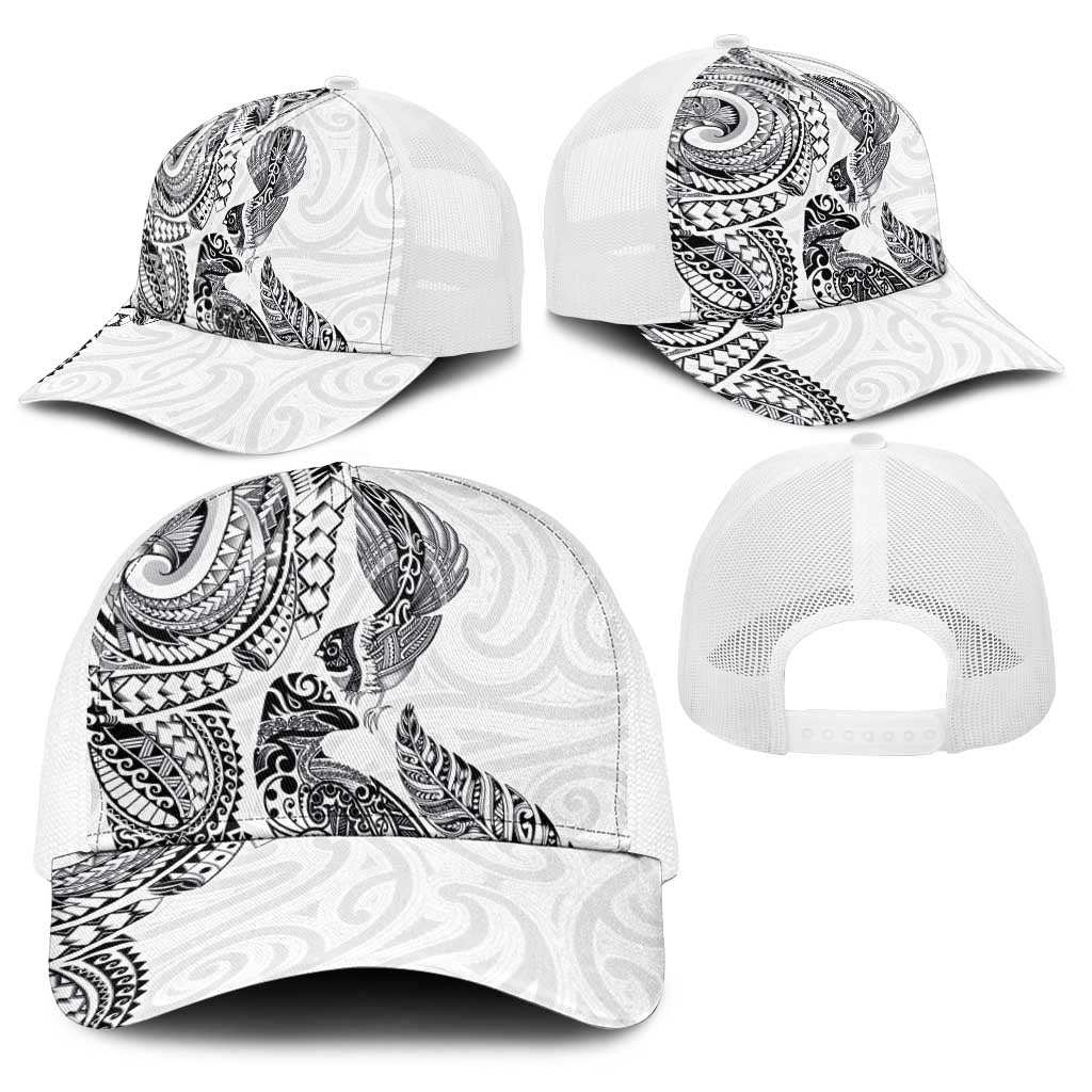 Aotearoa Moko Tribal Tattoo Baseball Net Cap New Zealand Maori Penguin and Fantail White Color