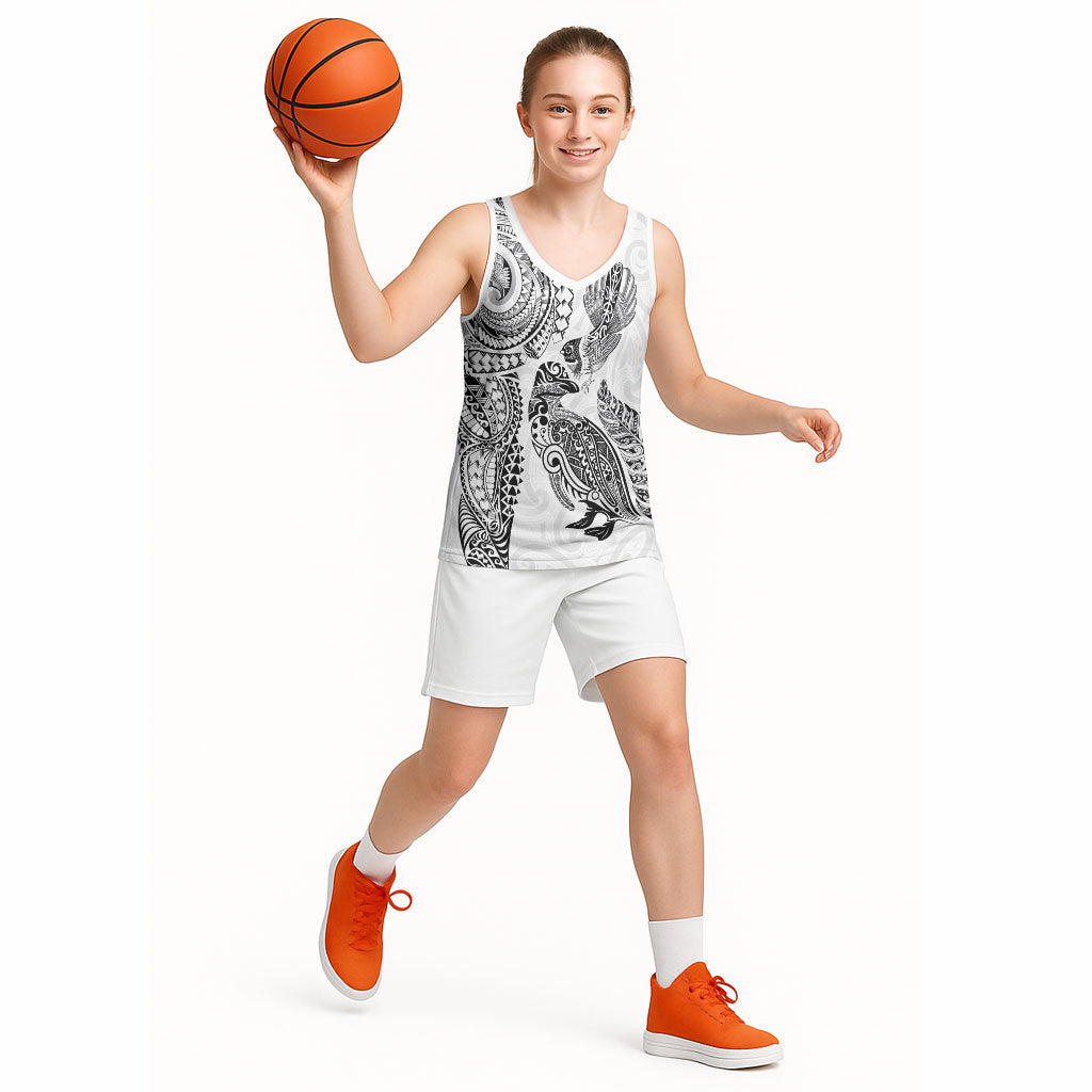 Aotearoa Moko Tribal Tattoo Basketball Jersey New Zealand Maori Penguin and Fantail White Color