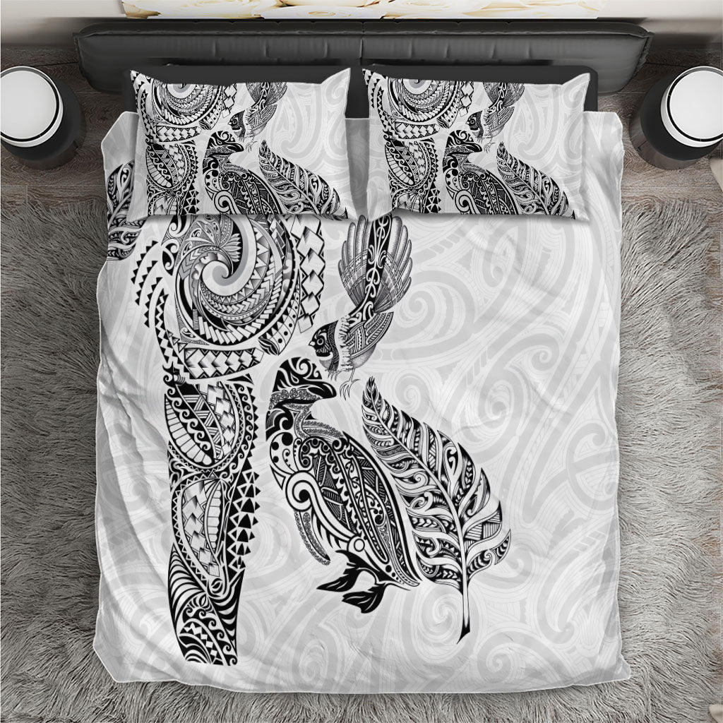 Aotearoa Moko Tribal Tattoo Bedding Set New Zealand Maori Penguin and Fantail White Color